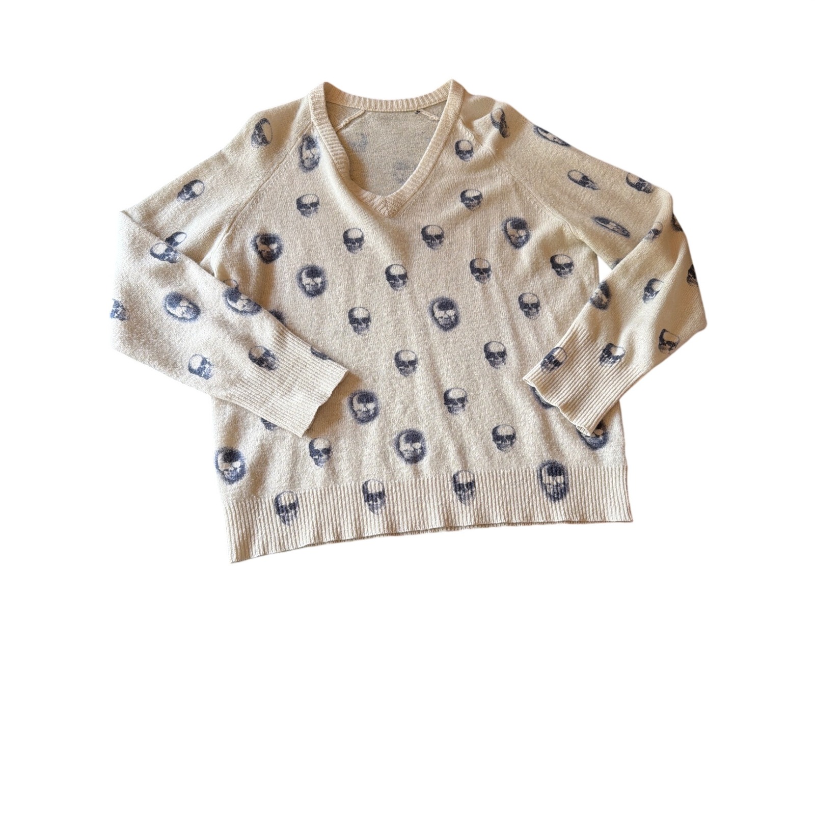 Zadig & Voltaire Sweater Cream Skull Print 100% Cashmere V-Neck S93356 Relaxed
